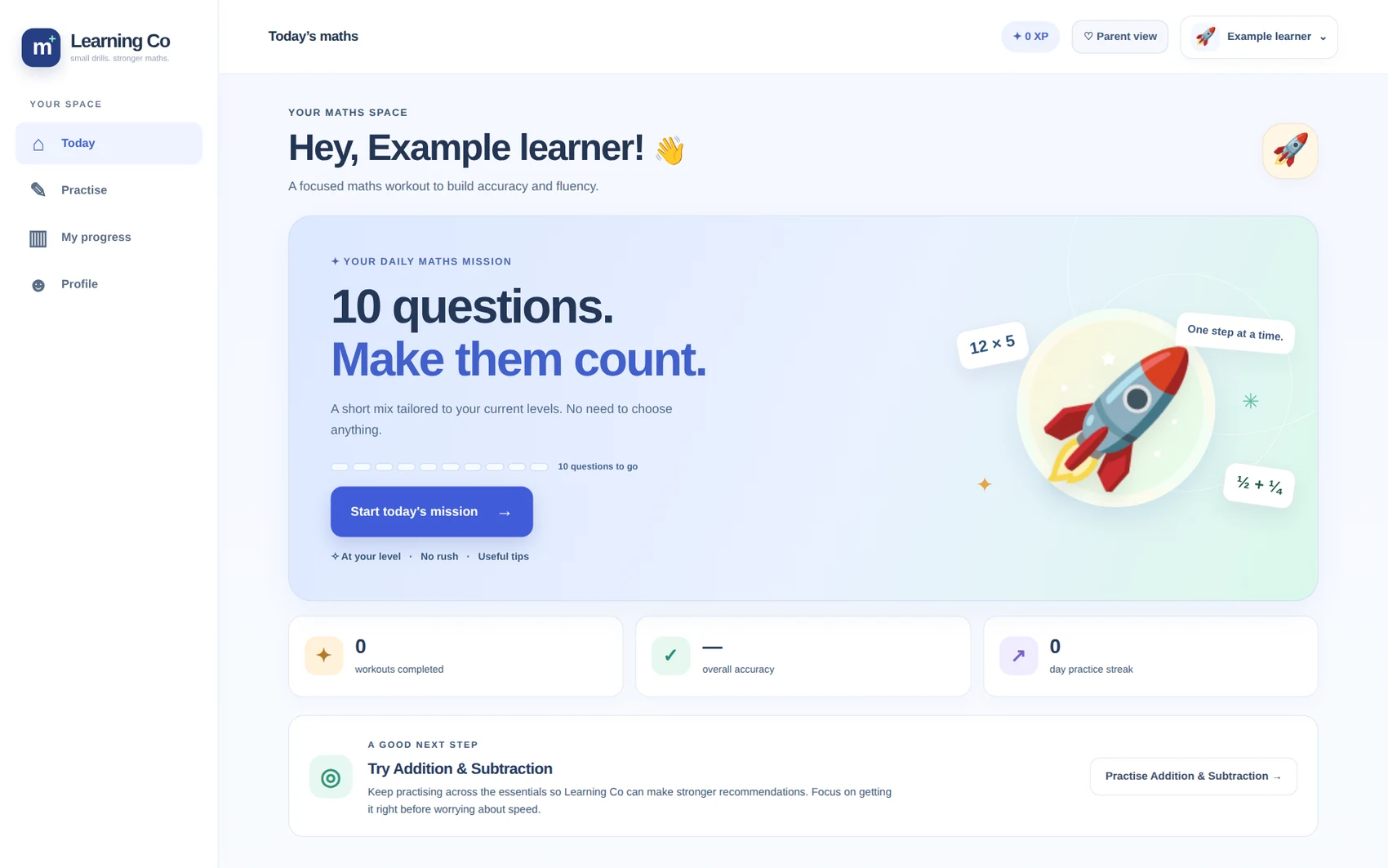 Actual anonymised Learning Co working app demo, showing the daily maths mission, learner navigation, and sample progress.