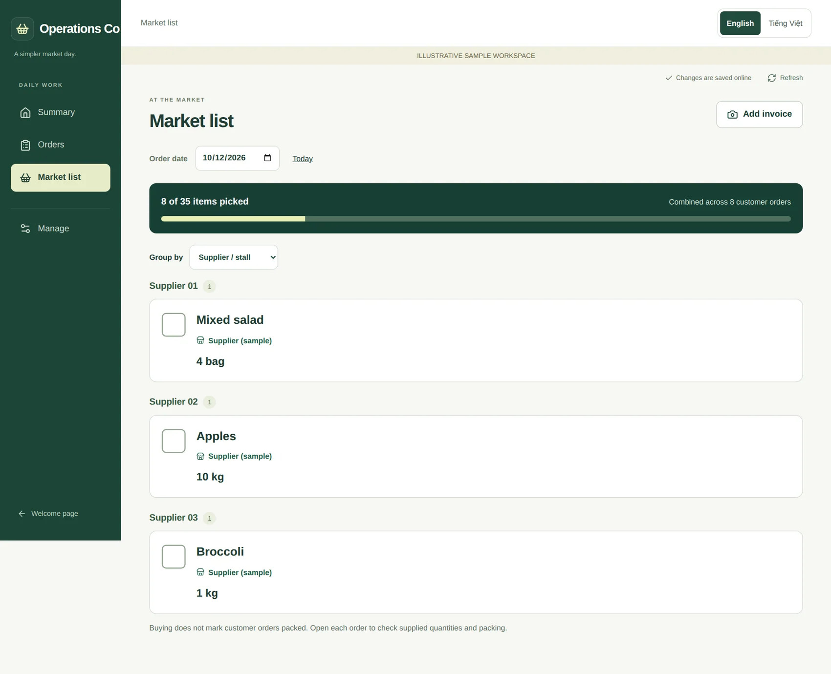 Anonymised working Operations Co application. Complete supplier-grouped market list with product quantities, picking status and browser navigation.