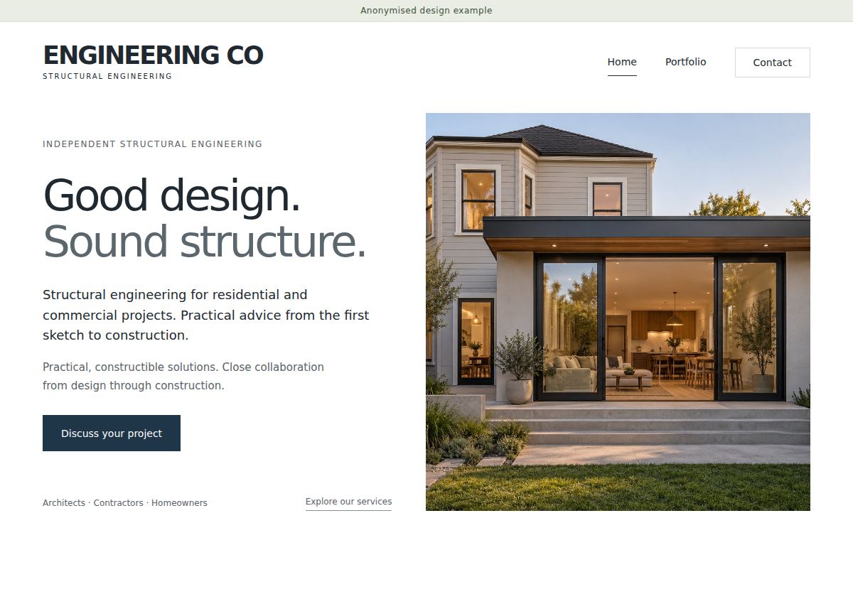 Anonymised engineering homepage with clear service copy and architectural imagery
