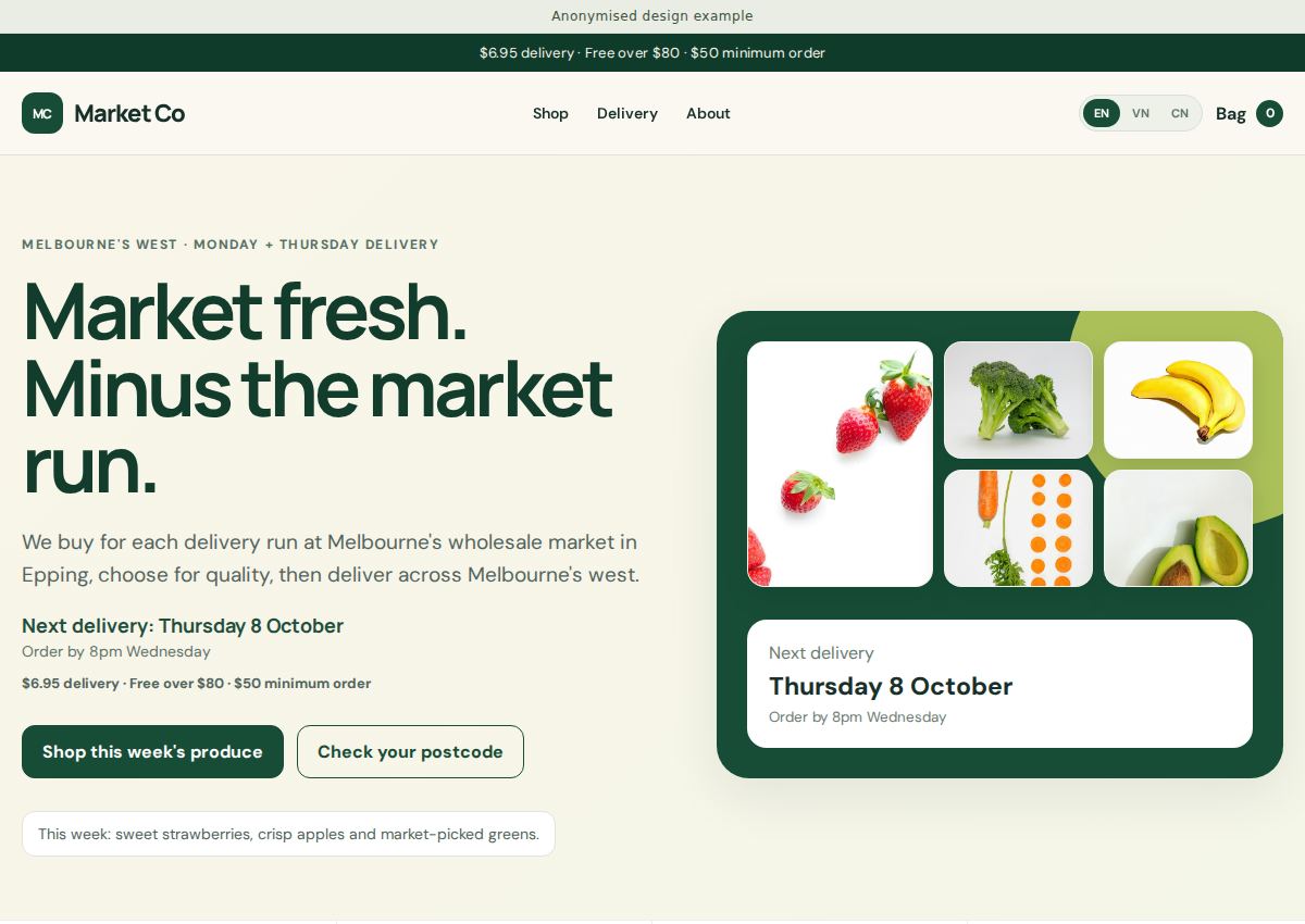 Market Co homepage with produce imagery, delivery information and a shopping call to action