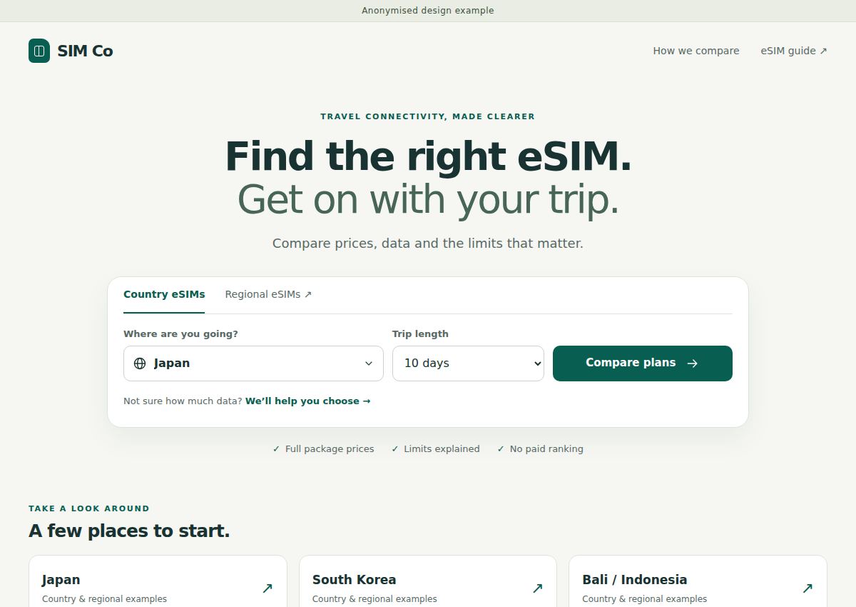 SIM Co homepage with destination and trip-length selection for sample eSIM plans