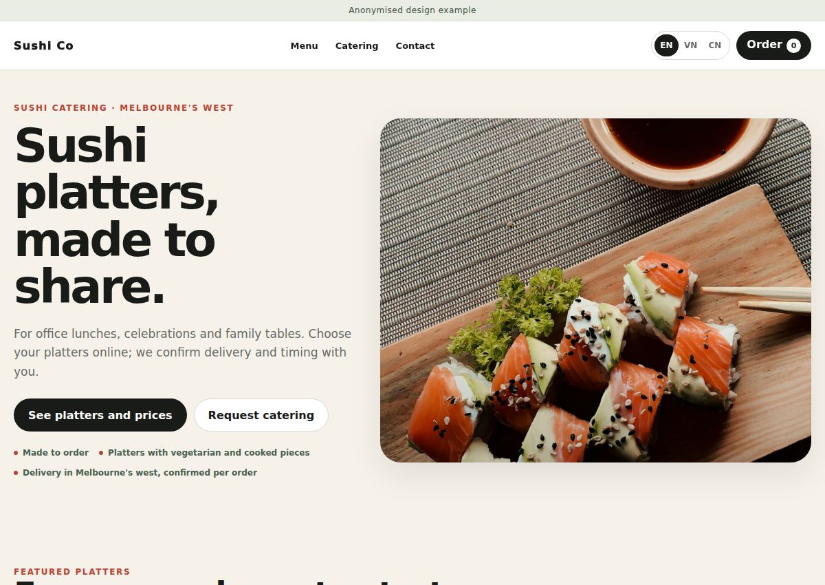 Sushi Co catering homepage with sushi photography, platter browsing and catering enquiry prompts